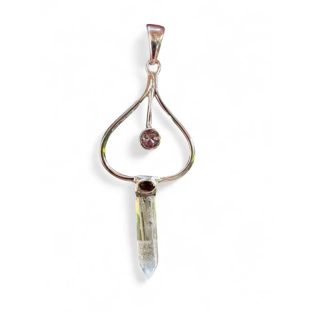 Pink & Green Tourmaline with Quartz point Solid 925 Sterling Silver Pendant